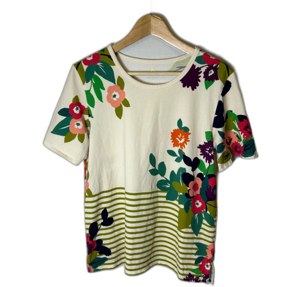 Spartina 449 Shelter Cove Arden Cream Multi Floral Olive Stripe SS T-Shirt Sz L - Picture 3 of 11